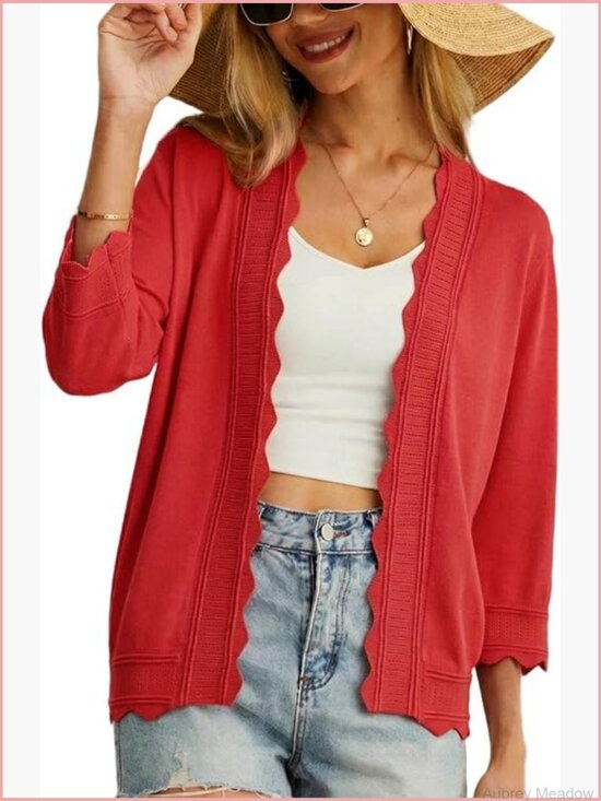 Sweaters - Lightweight Summer Cardigan 3/4 Sleeve Open Front Scalloped Trim Knit Sweater